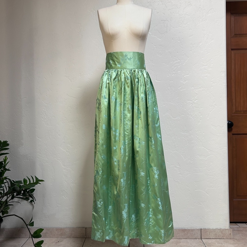 Vintage Handmade Floral Satin Maxi Skirt Women XS Full Green Asian Fairy 70s